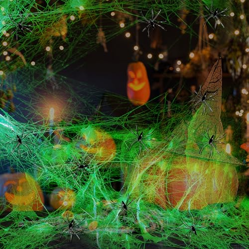 Joycabin Decoración de Halloween, telaraña, 100 g, telarañas luminosas con 20 arañas decorativas, brilla en la oscuridad, decoración de Halloween, telarañas, fiestas, jardín, decoración de mesa