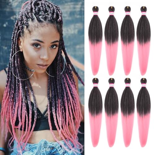 Dorsanee Ombre Pink Braiding Hair Pre Stretched 20 Inch 8 Packs Braiding Hair Extensions for Crochet Box Braids Twists Locs Hair Itch Free Soft Yaki Texture Hot Water Setting, 1B/Pink
