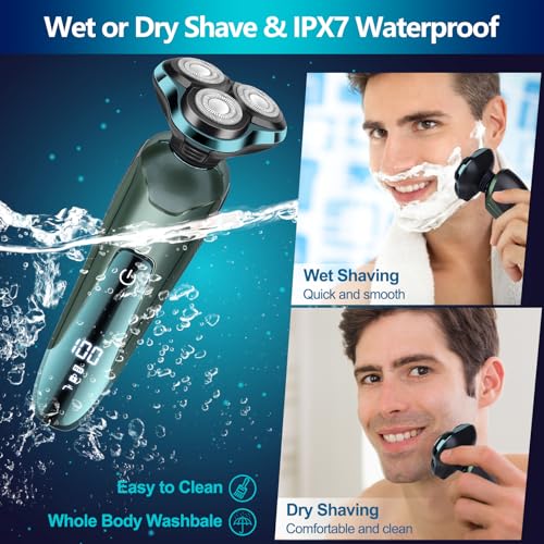Image of Electric Razor for Men, Electric Shavers for Men's Faces, Detachable Blade 3D Rotary for Shaving with Nose Trimmer Face Cleaning Brush Head Shavers, Wet /Dry /Waterproof Razors for Men Matte Green