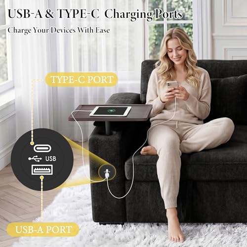 Image of Dreamzie 65'' Convertible Sleeper Sofa Bed with 90 Swivel Side Table, Chenille Pull Out Couch for Living Room, Loveseat Sleeper with Hidden Storage Space | Charging Port | Cup Holders, Black