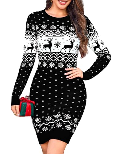 Totatuit Weihnachtskleid Damen Langarm mit Rentier und Schneeflocken Figurbetontes Design Outfit für Party und Winterfotos Schwarze-Schneeflocken M