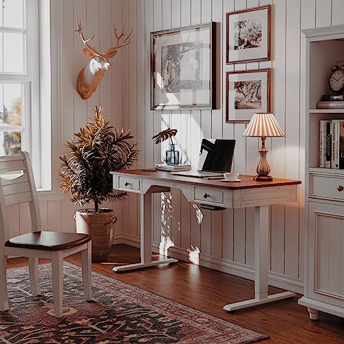 Image of FEZIBO Whole Piece Farmhouse Style Standing Adjustable Desk with 2 Drawers, 48 x 24 Inches Sit Stand Electric Home Office Desk, Sandalwood Washed White (2 Packages)