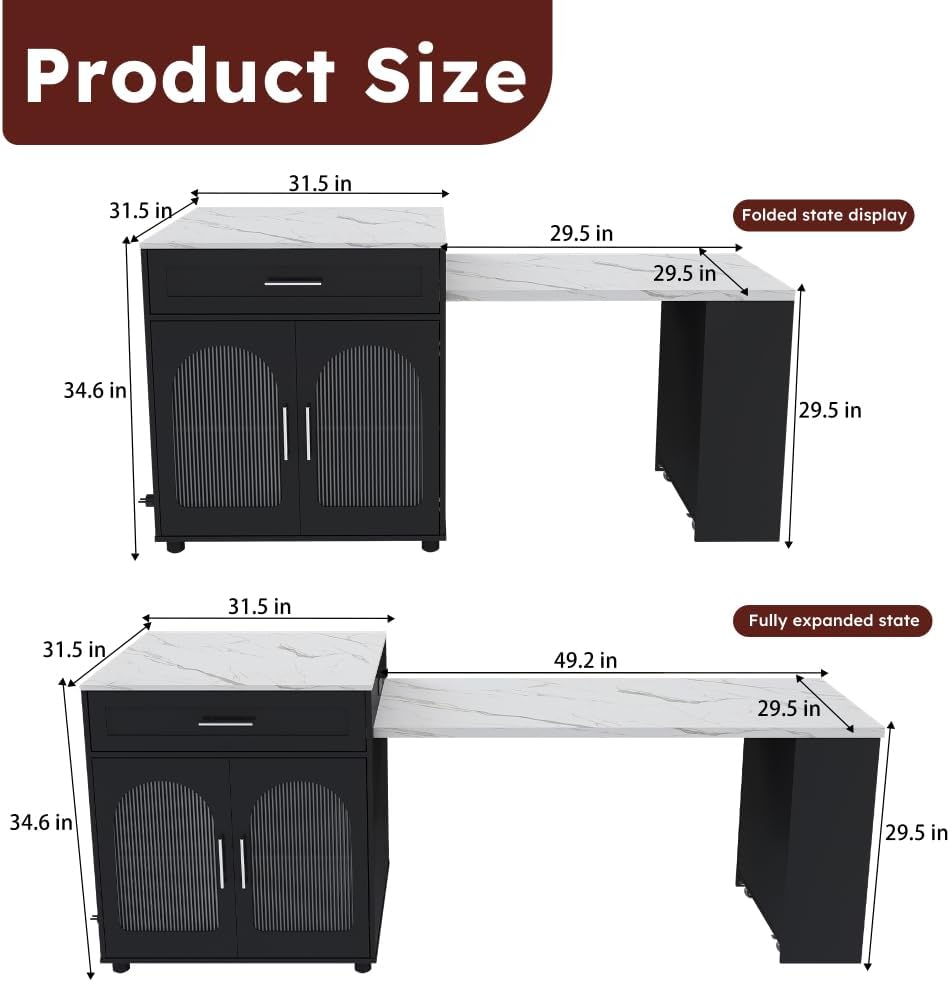 Lispin 80-inch Expandable Kitchen Island with Dining Table, Solid Wood Grain Countertop with Power Outlet, Mobile Storage Cart with Cabinet & 2 Drawers, Kitchen Prep Table (Black + MDF)