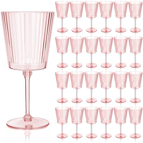 Domensi 24 Pack Plastic Wine Glasses Disposable 13 oz Ribbed Wine Glasses with Stem Unbreakable Reusable Cocktail Cups for Wedding Holiday Birthday Party Supplies (Pink)