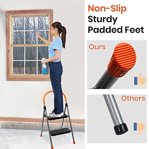 TreeLen 2-Stufenleiter, Klappbarer Metall-Tritthocker für Erwachsene, Tragbare Stahlleiter, Stabil und Belastbar, Breite rutschfeste Stufen, Leicht und Robust