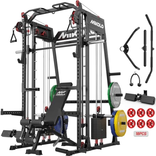 Image of Mikolo M4 2.0 Smith Machine, 2200lbs Squat Rack with LAT-Pull Down System & Cable Crossover Machine, Training Equipment with Leg Hold-Down Attachment