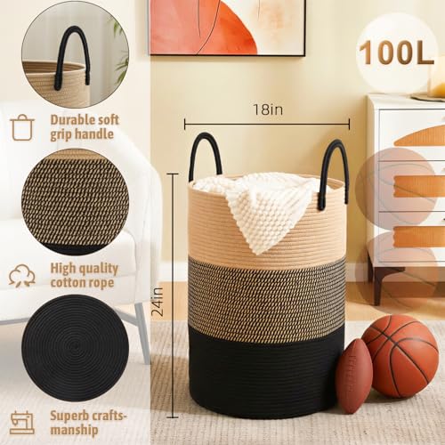 Image of Artfeel Laundry Basket,Woven Cotton Rope Laundry Hamper,100L for Decorative Storage of Dirty Clothes,Toys and Blankets in Bathroom,Bedroom and Living Room