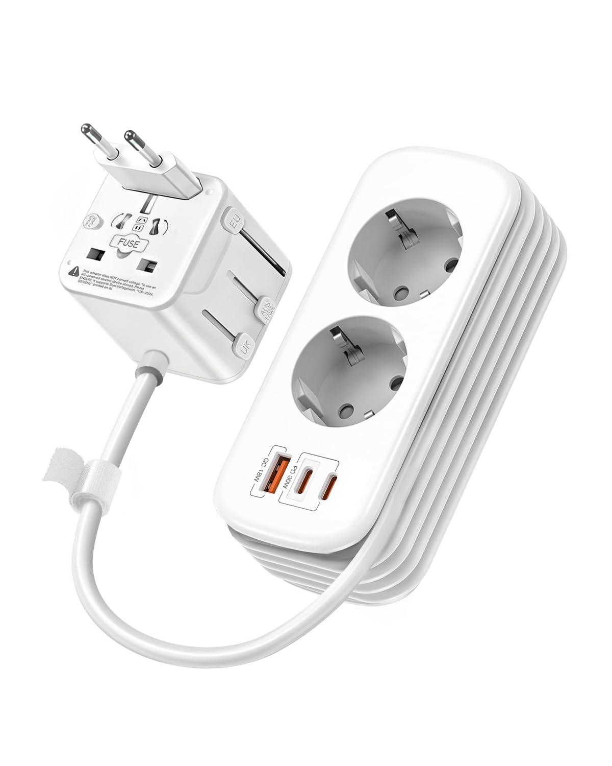 Reiseadapter Weltweit mit 1,8 m Kabel & Kabelaufwicklung am Gehäuse, 2 Schuko-Steckdosen, 30W PD, 2X USB-C + 1x USB-A, Universal Reisestecker für EU UK US AU, für Reise Hotel & Büro