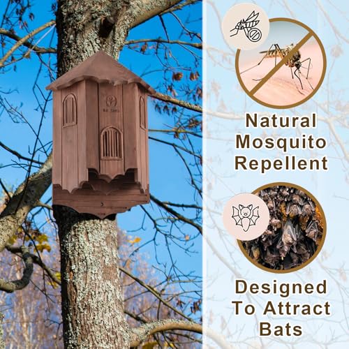 VIREESR Wooden Castle Bat Houses for Outside Bat Box for Outdoors - Large Three Chamber Box Perfectly Designed to Attract Bats - Durable and Easy to Hang (Bat House Ⅰ Red) - Thumbnail 2