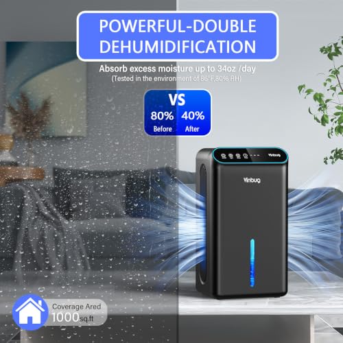 Image of Dehumidifier for Home (98 OZ, 1000 sq ft), Small Quiet Dehumidifiers with Drain Hose, Auto Shut-Off, Sleep Mode, 3 Timer Modes, for Bedroom, Bathroom, Basement (CT6-Light Black)