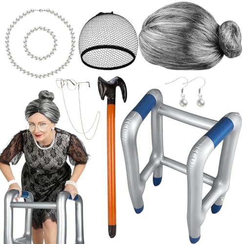 9 Pezzi Costume Nonna Deambulatore Gonfiabile Scherzo Bastone Kit Parrucca da Nonnina per Travestimento Occhiali da Nonna Gioielli di Perle Accessori Cosplay per Halloween Carnevale Festa Compleanno