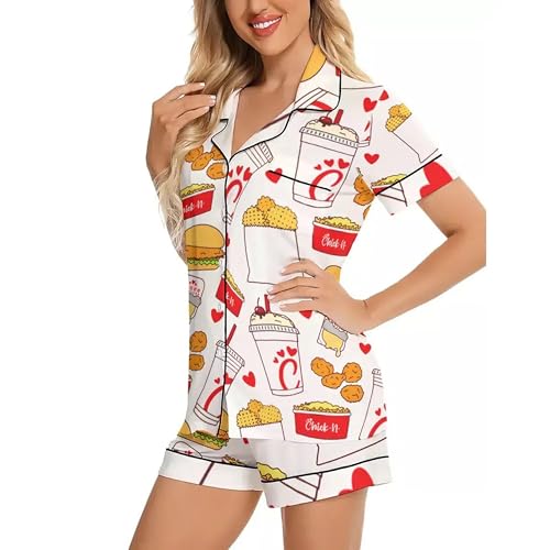 Gifteebox Chicken Nuggets Satin Pajamas Set for Women Y2k 2 Piece Short Sleeve Shirts Matching Pj Shorts Set Multi