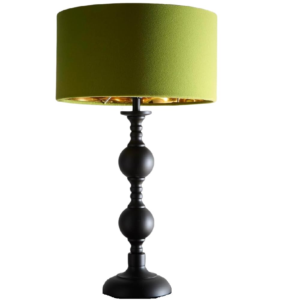 Britalia Modern Table Lamp, Black Metal Base, Green Velvet Drum Shade, 46cm Height