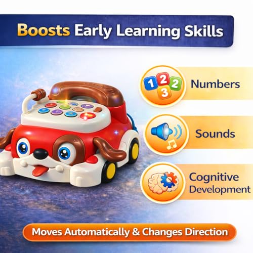 Image of Brand Conquer Educational Dog Telephone Toy for Kids | Interactive Learning Toy with Lights, Music & Bump & Go Action | Number Learning Toy with Sound & Movement | Baby & Toddler Toy (Red)