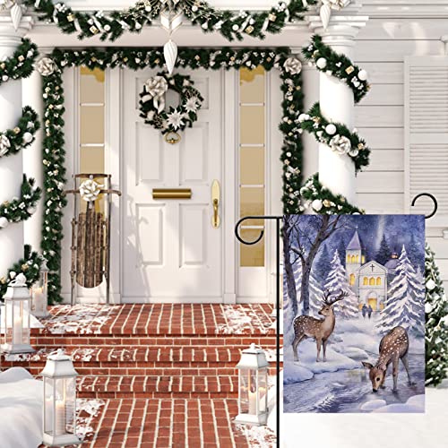 Furiaz Winter Pond Snow Deer Woodland Small Decorative Garden Flag, Church Frozen Fawns Wonderland Yard Outside Decorations, Burlap Outdoor Decor Double Sided 12 X 18 #TOP5