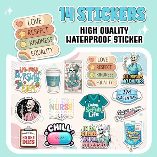 Calcomanías de enfermera de vinilo impermeable con diseños médicos divertidos en pack de 14 8