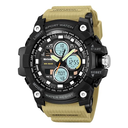 CARLIEN Military Men's Sports Analog Quartz Watch Dual Display Alarm Digital Watches with LED Backlight (Khaki)