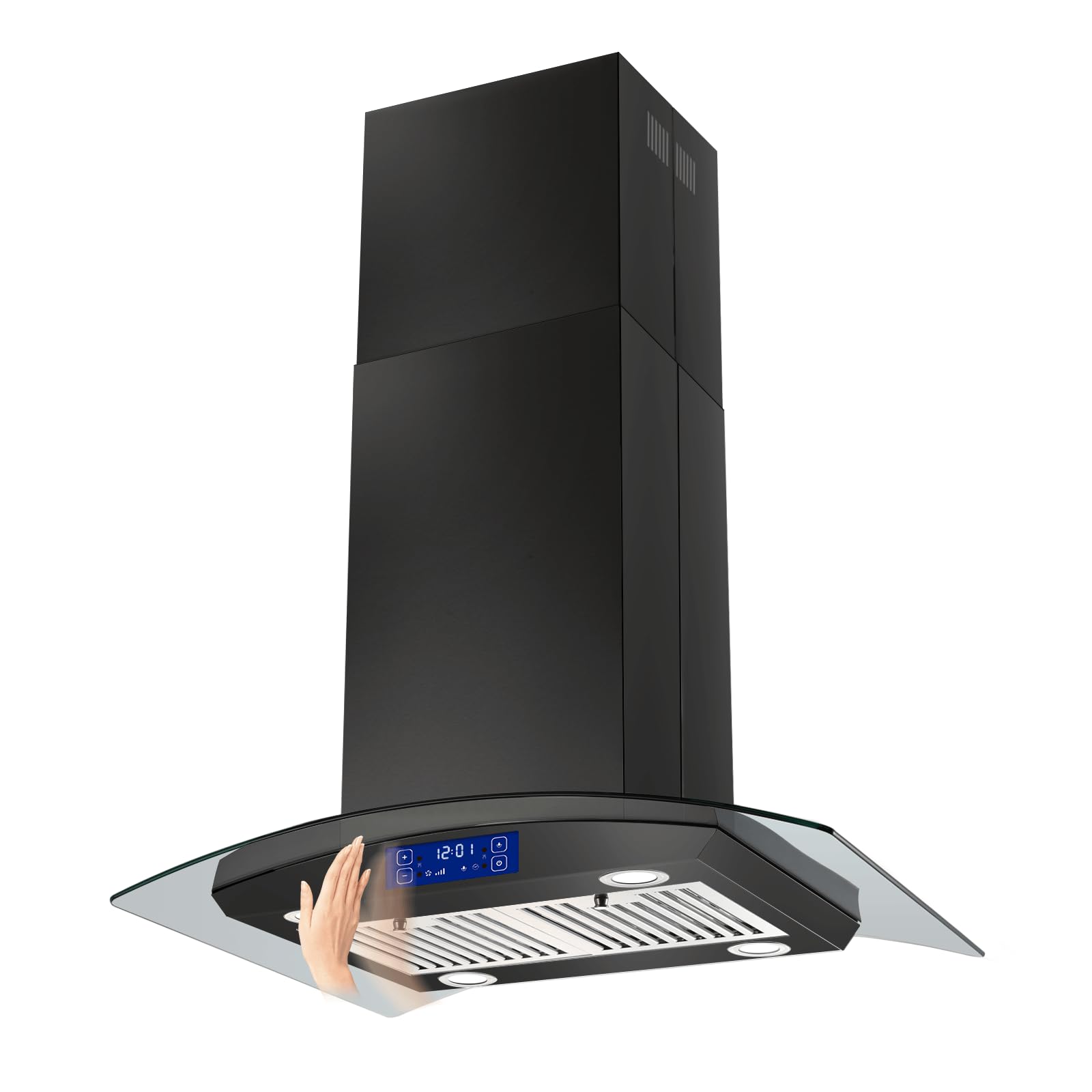 30 Inch Island Range Hood Black 700CFM, Gesture & Touch Panel Ceiling Mount Vent Hood, Stainless Steel Kitchen Exhaust Fan Convertible, Tempered Glass, LED lights, Permanent Baffle Filters