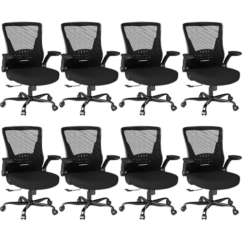 Image of Mesh Office Chair, Comfy Desk Chair with Flip-Up Armrests, 8PC | 300 LBS Capacity, Black Breathable Mesh, Adjustable Height, 360 Swivel Wheels, Computer Chair for Study, Home Space Saving