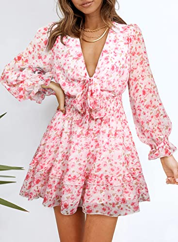Image of AlvaQ Women Spring Fall Long Sleeve A Line Floral Print Dress Sweet Sexy V Neck Knot Front Sundress Fashion 2025 Pink Medium