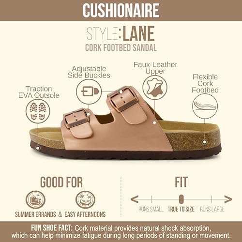 Image of CUSHIONAIRE Lane Cork Footbed Womens Sandals Comfortable Double Buckle Slip On Sandals for Women with Arch Support and Classic Two Strap Design