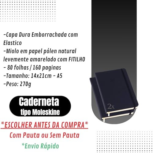 Kit 2 Caderneta Pautada ou Sem Pauta Capa Dura Moleskine Anotações com Elastico 14x21 80Folhas Marca