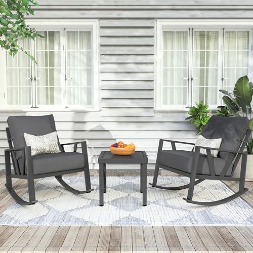 COMLAX FIELD Patio Porch Furniture Set, Patio Outdoor Rocking Chairs Set of 2 with Coffee Table, 3 Piece Metal Outdoor Patio Furniture Set, Small Pati