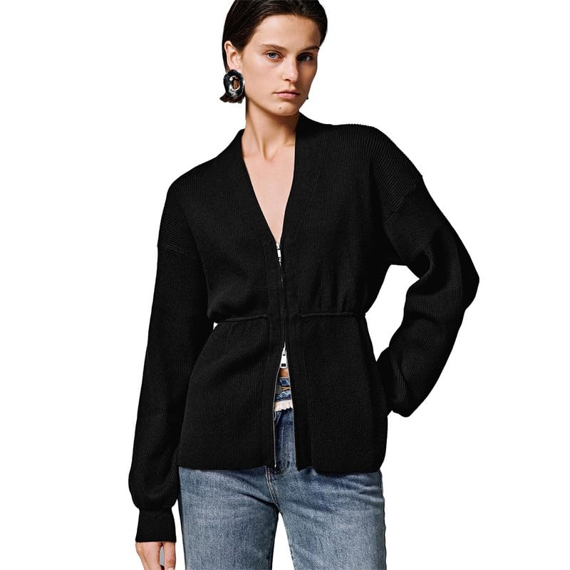 URBAN REVIVO Womens Zip Up Cardigan Sweater with Balloon Sleeves V-Neck Knit Open Front Long Sleeve Coat for