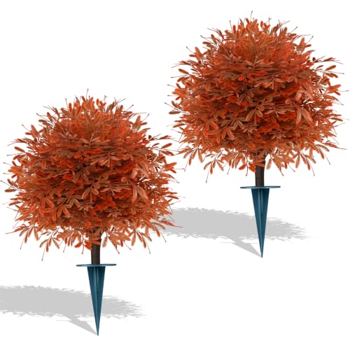 Yangrass 2 Pack Fall Artificial Cedar Topiary Balls with Ground Spike
