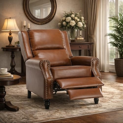 Image of Leather Recliner Chair, Pushback Recliner Chair with Adjustable Backrest Footrest, Mid Modern Reclining with Overstuffed Arms Lumbar Support for Reading, Living Room, Yellow Brown