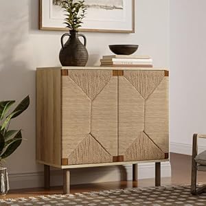 LuxenHome 31 Accent Cabinet Boho Seagrass Buffet Cabinet with Storage Mid Century Modern Small Storage Cabinet Bar Liquor Sideboard Cabinet for Kitchen Living Room Entryway Oak