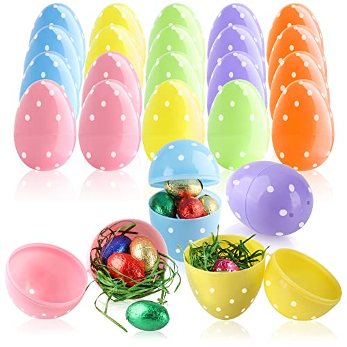 com-four® 24x befüllbare Ostereier, Bunte Plastikeier zum Befüllen und Aufhängen, Hohle Kunststoffeier für die Ostereiersuche, Osterkorbfüller für Geschenke und Überraschungen (Punkte)