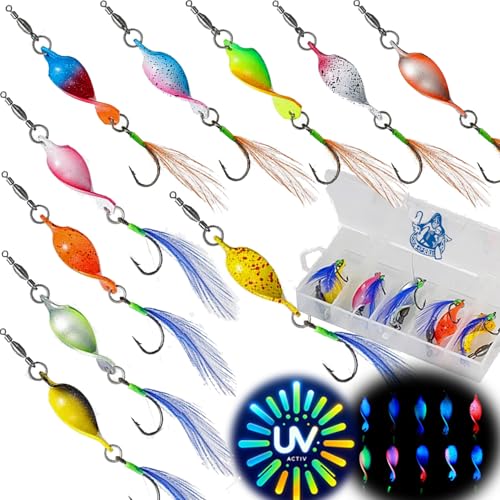 Njord Kalastus Messeneuheit 2024 Spoons Forelle Mega Twist 10 Stück in Spoonbox | Forellen Angeln Spoon Set Forellenköder | Forellen Blinker Angeln Forelle | Spinner Set Trout (3g mit Feder)