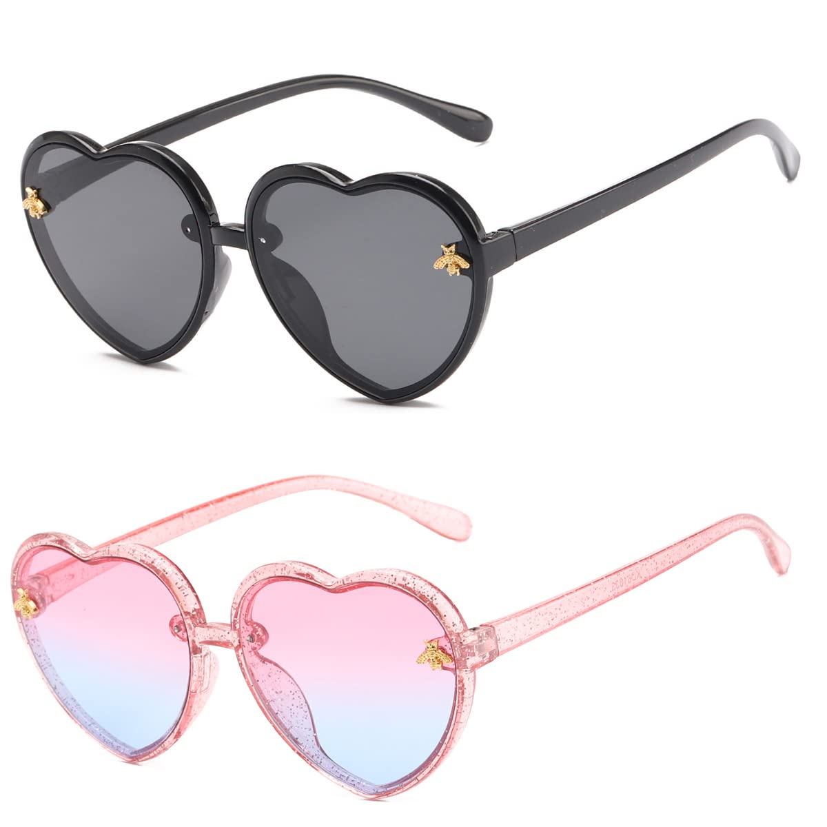 Heart-shaped Sunglasses for Kids Stylish Cute Bee Frame for Toddler Girls Boys Age 2-10 UV400 Protection, Children's Sunglasses Light Color Gradient Lens Jelly Frame Sunglasses