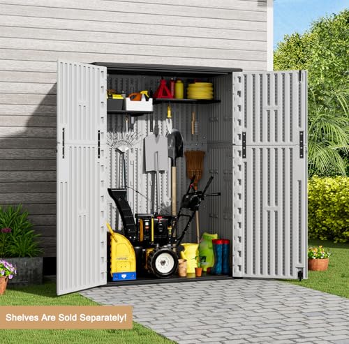 Image of KINYING Outdoor Vertical Storage Shed,57 Cu.ft Outdoor Storage Cabinet Waterproof,Resin Sheds & Outdoor Storage Clearance for Garden,Patio,Backyard,Lockable (Grey)