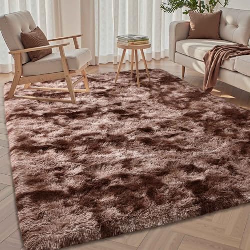 Brown Rugs for Bedroom 3x5 Fluffy Fur Living Room Area Rug, Rustic Plush Non-Slip Dark Carpet for Book Room Office,Coffee Stain Resistant