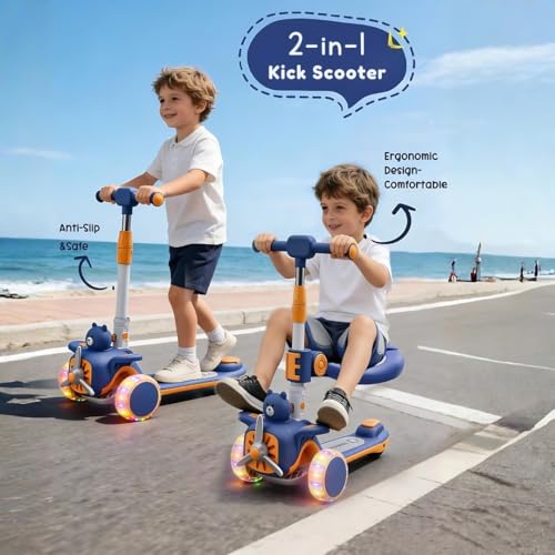 Image of 2-in-1 Modernistic Kick Scooter for 3-10 Years Old Kids | 3-Level Height Adjustable Handlebar | Music & PU LED Flashing Wheels | Foldable and Lightweight (KS-213 Blue /Orange)