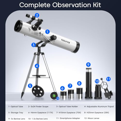 Image of Sounce Newtonian Reflector Telescope for Beginners and Professionals 76mm Lens 700mm Focal Length 28x-350x Ultra Zoom Fully Coated Glass Optics Alt-Az Mount for Moon Planets Deep Sky Viewing (Black)