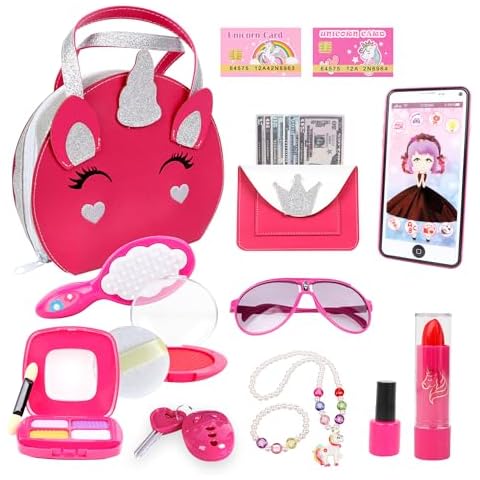 Toddler Purse Pretend Play Toys Includes Fake Makeup Kit, Unicorn Handbag, Phone, Wallet and Jewelry for Little Girls Age 3 4 5 6 7 8 Kids Your Princess Niece Granddaughter Valentine's Day Gifts Cover