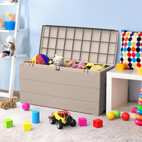 Duramax Cedargrain Durabox 270 Liter/ 71 Gallonen, Kissenbox aus Kunststoff, Organizer für Gartenmöbel, Aufbewahrungsbox aus Kunststoff mit Rädern und Griffen, Patio-Box, Warmes Taupe