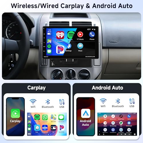 Single Din Wireless Carplay Car Stereo Radio Android Auto, Rimoody 9 Inch Touch Screen Car Radio 1 Din with Bluetooth FM Radio EQ Mirror Link TF/USB/AUX Input Car Multimedia Player+ Backup Camera
