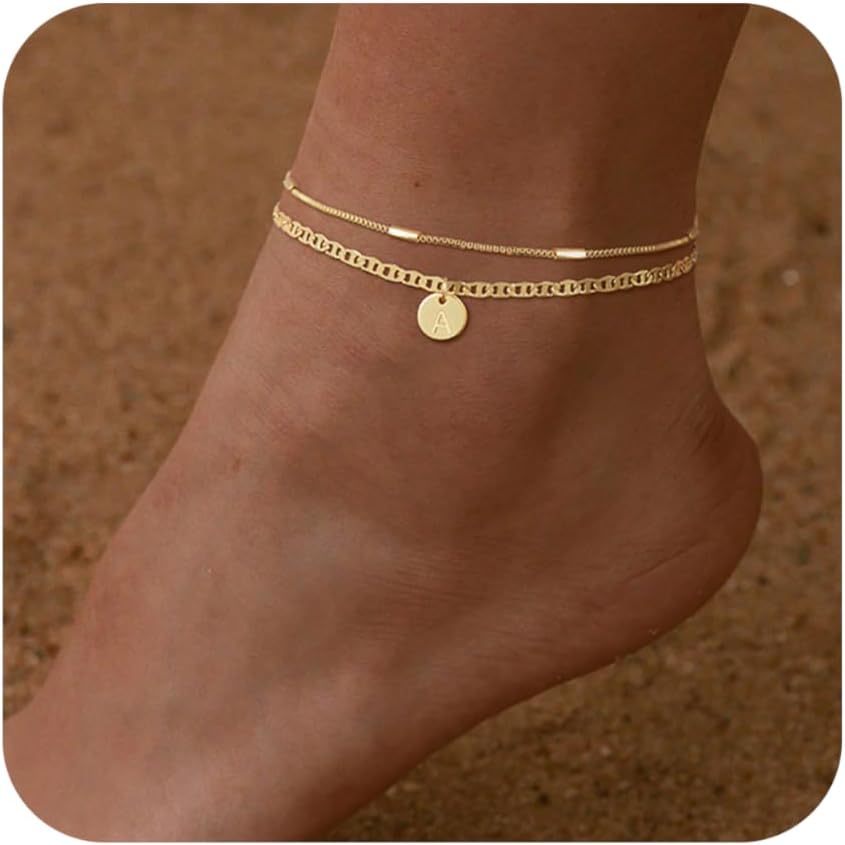 Initial Ankle Bracelets for Women 14K Gold Plated Dainty Layered Round Letter Anklets Beach Jewelry Gift
