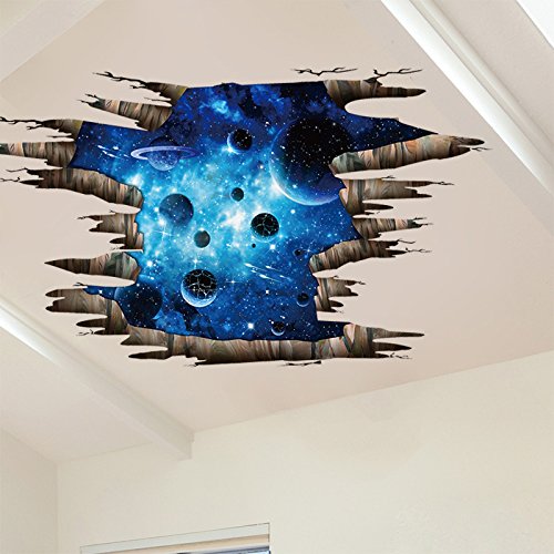 DNVEN 43 inches x 26 inches Blue Space Porthole Window Milky Way Galaxy 3D Window View Wall Arts Decals Decors Removable Stickers Galaxy Space Planet