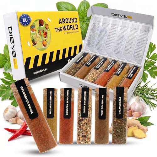 DIBYS Gewürze Geschenkset 6x aus Aller Welt 6 Gewürzmischungen Vegan - Thai Mexiko Indien Texas Griechenland Peperoncino Bruchsicher Verpackt inkl. Rezepte für Hobbyköche & Feinschmecker