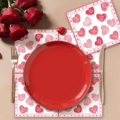 Image of 40 Pack Valentine's Day Paper Napkins - 13 x 13 Inches Disposable Heart Love Message Serviettes Tableware Luncheon Cocktail Napkin Party Supplies for Weddings, Anniversaries, and Romantic Celebrations