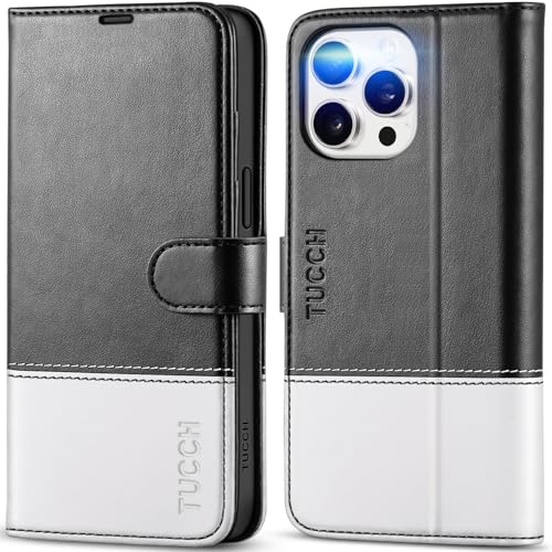 TUCCH Case Wallet for iPhone 15 Pro Max 6.7", [TPU Shockproof Inner], Kickstand PU Leather [RFID Blocking] 4 Card Holder Magnetic Protective Cover Compatible with iPhone 15 Pro Max 5G, Black & White by TUCCH - Used condition - CA$24.87