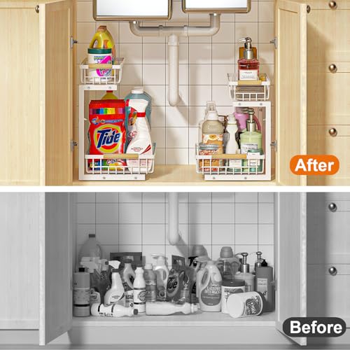 Image of REALINN Under Sink Organizer, White 2 Pack Height Adjustable | 2 Tier Pull Out Drawer, Under Sink Organizers and Storage, Cabinet Storage for Kitchen Bathroom