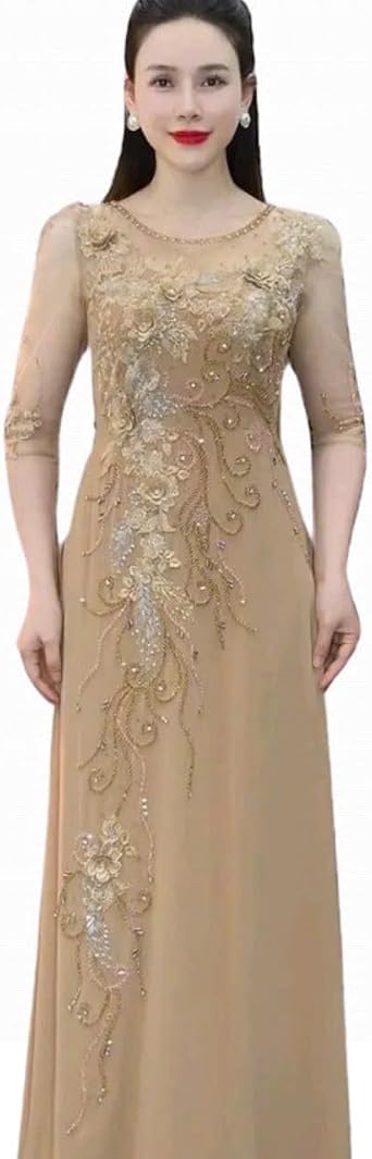 Vietnamese Traditional Ao Dai, Lace Round Neck, Party Dress, Evening Dress