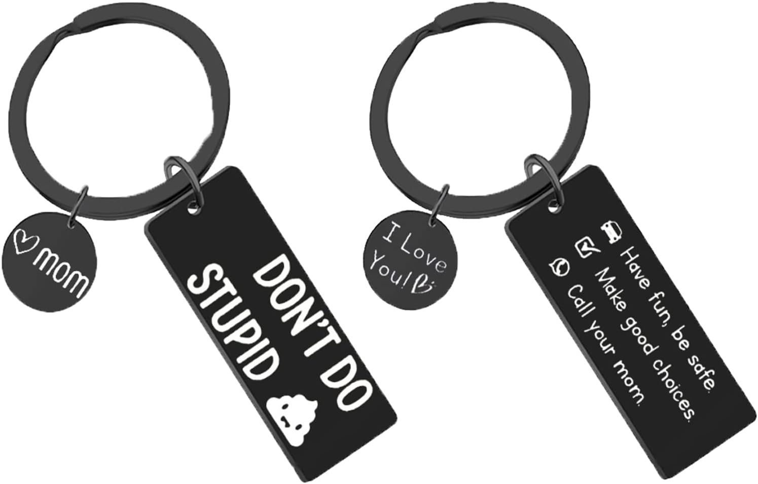 2Pcs Keychain Key Buckle Don't Do Stupid Funny Keychain and Stainless Steel Drive Safe I love You Keychain from Mom New Driver Gifts for Son Daughter, Black