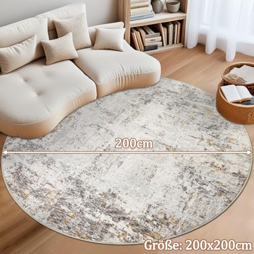 Caplslpad 200 cm, beżowy, z krótkim włosiem, abstrakcyjny, okrągły, nowoczesny, antypoślizgowy, do salonu, nadaje się do prania, okrągły dywan do sypialni, pokoju dziecięcego, biura domowego